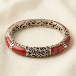 Vintage Sarda Bali 925 Sterling Silver Red Coral Hinged Bangle Bracelet 35g